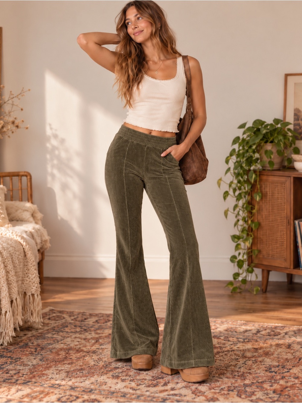 Aerie Groove-On Rib Velour Flare Pants Olive Green 70s Large